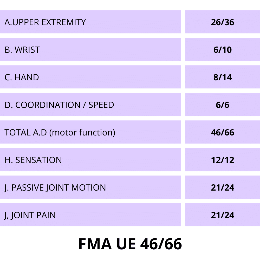 Patient M's Baseline Fugl-Meyer Assessment (FMA-UE) Score - 46 - 66 – Initial Evaluation of Upper Extremity Motor Function
